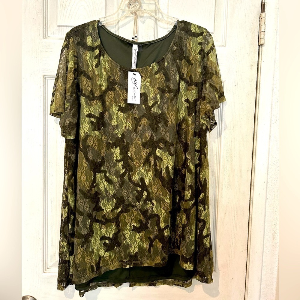NWOT NY Collection Olive Blend Lace Short Sleeve Top